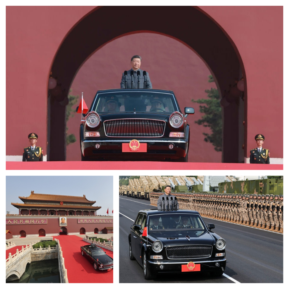 習主席身著中山裝,乘坐紅旗檢閱車緩緩駛出天安門城樓